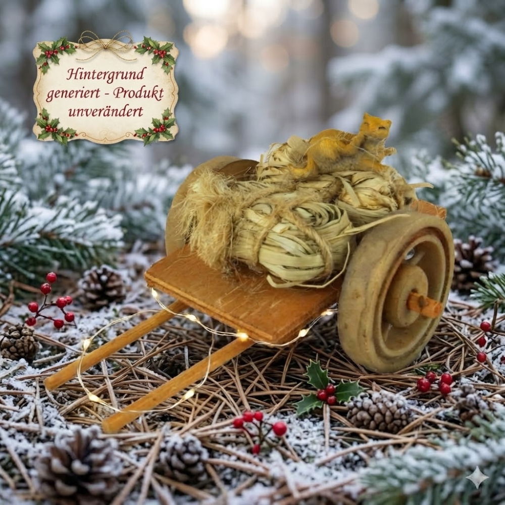 Holzkarren mit Strohballen und Katze - Krippenzubehör, ca. 5 x 10,5 x 6 cm